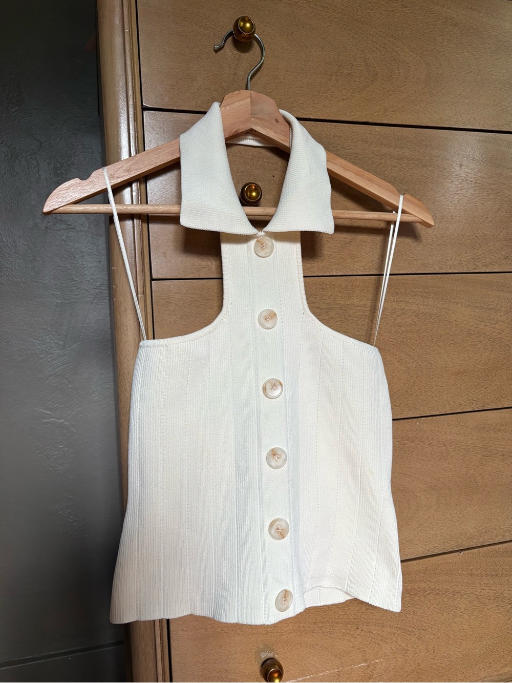 Anthropologie Tuxedo Style Cream Button-Front Halter Knit Top | New w/tags